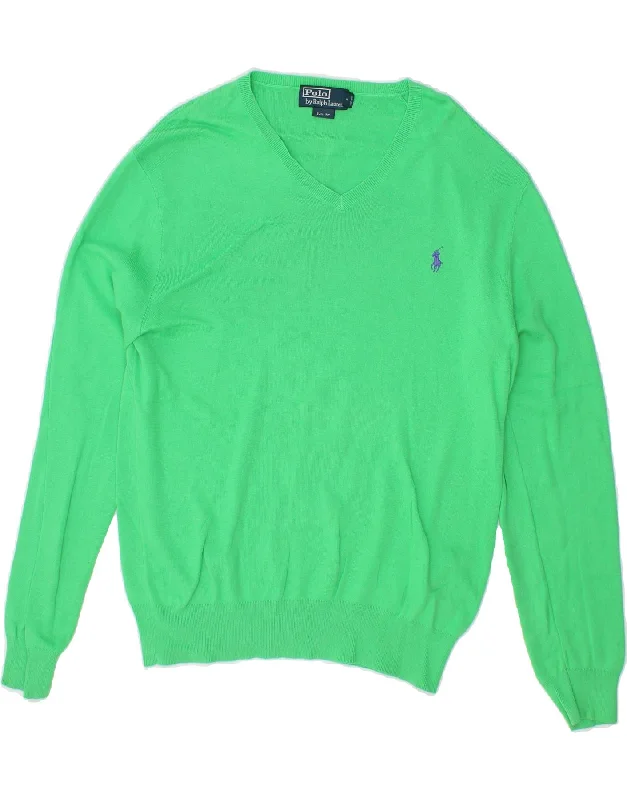 POLO RALPH LAUREN Mens Slim Fit V-Neck Jumper Sweater Large Green Cotton Tailored Straight A-Line