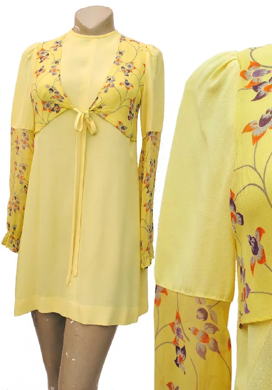 1960s Ossie style Radley Mini Dress in Yellow Crepe with Belladonna Print Sleeves Trendy Denim Mini Dress