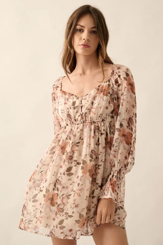 Soft Petals Floral Chiffon Babydoll Mini Dress Trendy Cut-Out Mini Dress