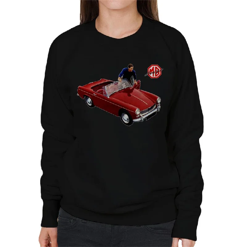 MG Red Getting In Car British Motor Heritage Women's Sweatshirt Hoodie with Neon Bright Vibrant