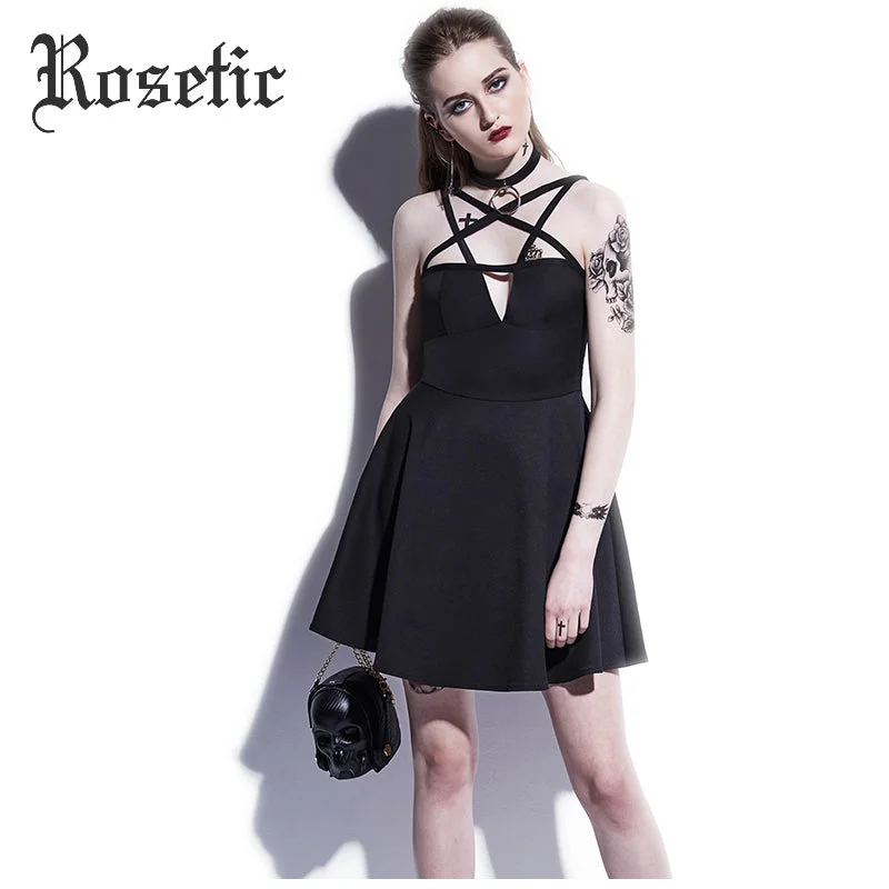 Rosetic Gothic Mini Dress Black Pentagram Summer Women Goth Dress Sexy Fashion A-Line Street Preppy Vampire Gothics Mini Dresses Comfortable Off-Shoulder Mini Dress