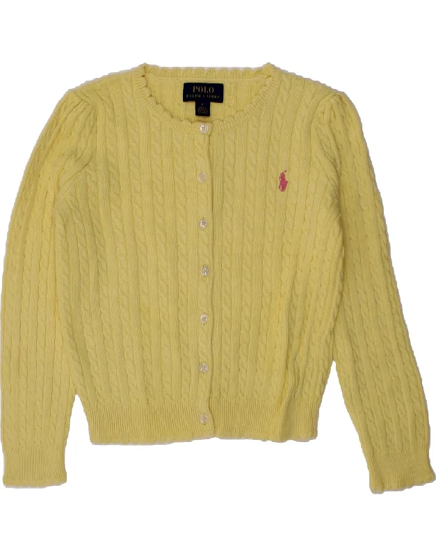 POLO RALPH LAUREN Girls Cardigan Sweater 5-6 Years Yellow Cotton Graphic Sweater Embroidered Appliqued