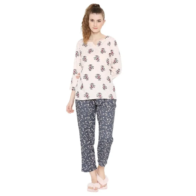Smarty Pants Women's Cotton Pink & Grey Color Floral Print Night Suit Comfortable Denim Pants Smarty Pants Women's Cotton Pink & Grey Color Floral Print Night Suit Comfortable Denim Pants