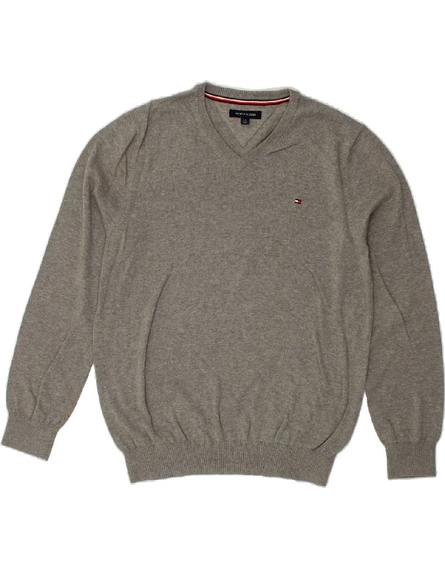 TOMMY HILFIGER Mens V-Neck Jumper Sweater Large Grey Cotton Handmade Hand-knitted Hand-woven