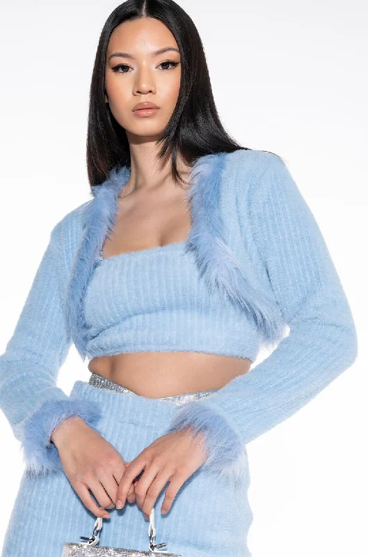 GET A CLUE FUZZY BLUE CROP SWEATER LIGHT BLUE Solid Print Embellished