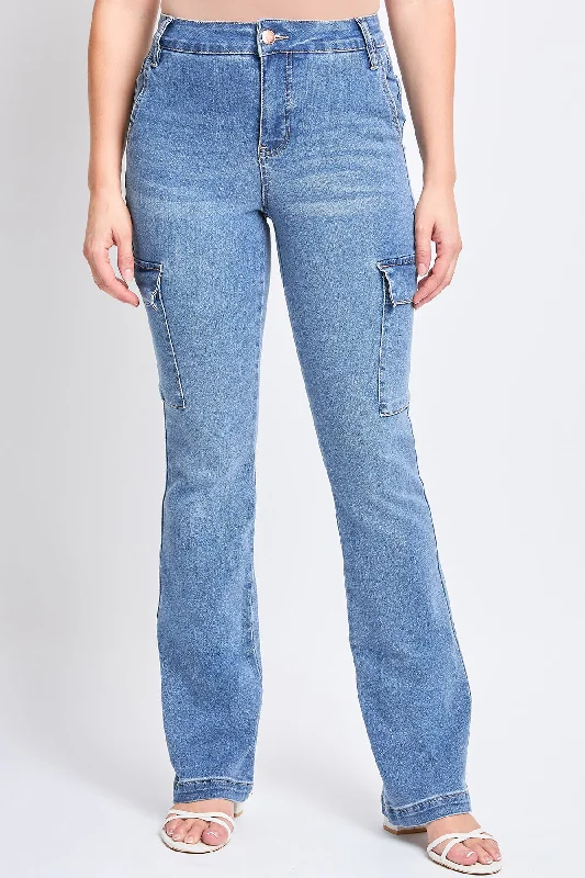 Women's High Rise Bootcut Cargo Jean Comfortable Full-Length Denim Jeans