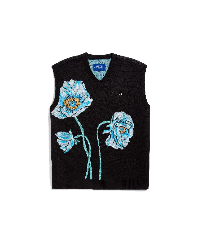 Floral Sweater Vest - Black Solid Color Striped Floral Print