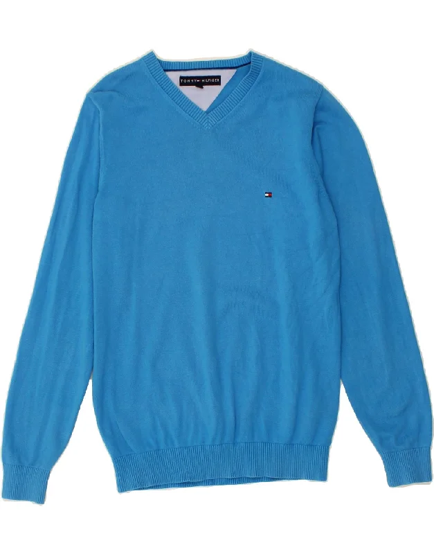 TOMMY HILFIGER Mens V-Neck Jumper Sweater Small Blue Cotton Satin Blend Silk Blend Wool Blend