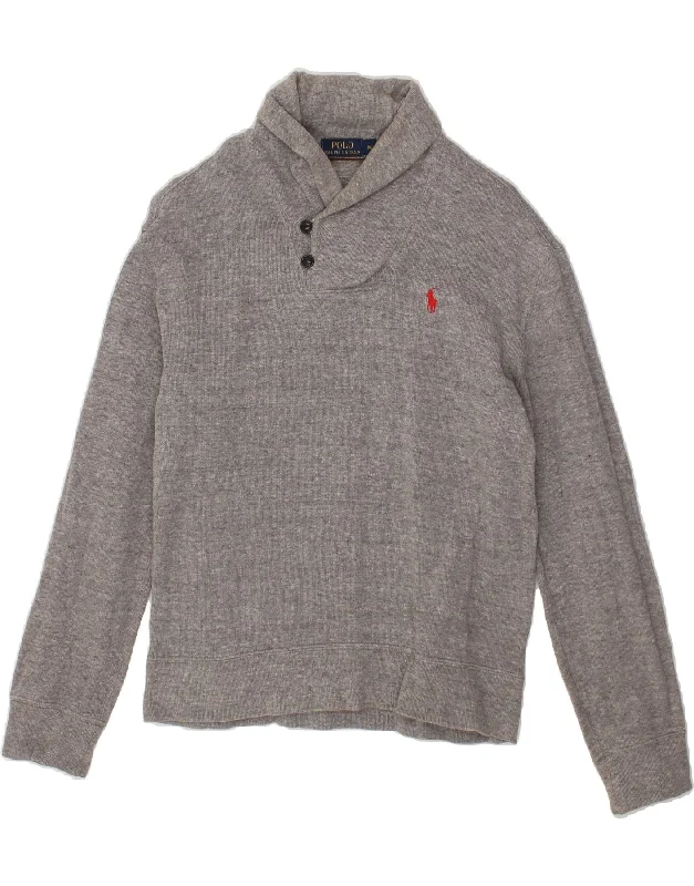 POLO RALPH LAUREN Mens Shawl Neck Jumper Sweater Medium Grey Cotton Sweater Knitwear Pullover