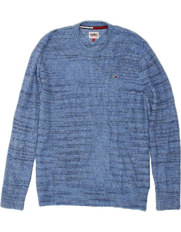 TOMMY HILFIGER Mens Crew Neck Jumper Sweater Large Blue Pinstripe Cotton Lace Blend Ribbed Blend Corduroy Blend