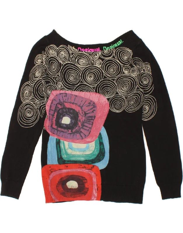 DESIGUAL Girls Boat Neck Jumper Sweater 12-13 Years Black Geometric Cotton Notch Collar Peter Pan Collar Cowl Neck