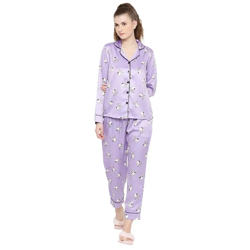 Smarty Pants Women's Silk Satin Lilac Color Snoopy Print Full Sleeves Night Suit Fashionable Tapered Leg Pants Smarty Pants Women's Silk Satin Lilac Color Snoopy Print Full Sleeves Night Suit Fashionable Tapered Leg Pants