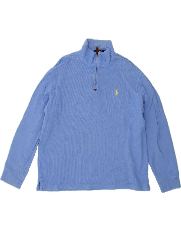 POLO RALPH LAUREN Mens Zip Neck Jumper Sweater Large Blue Cotton High Neck Crew Neck V-Neck