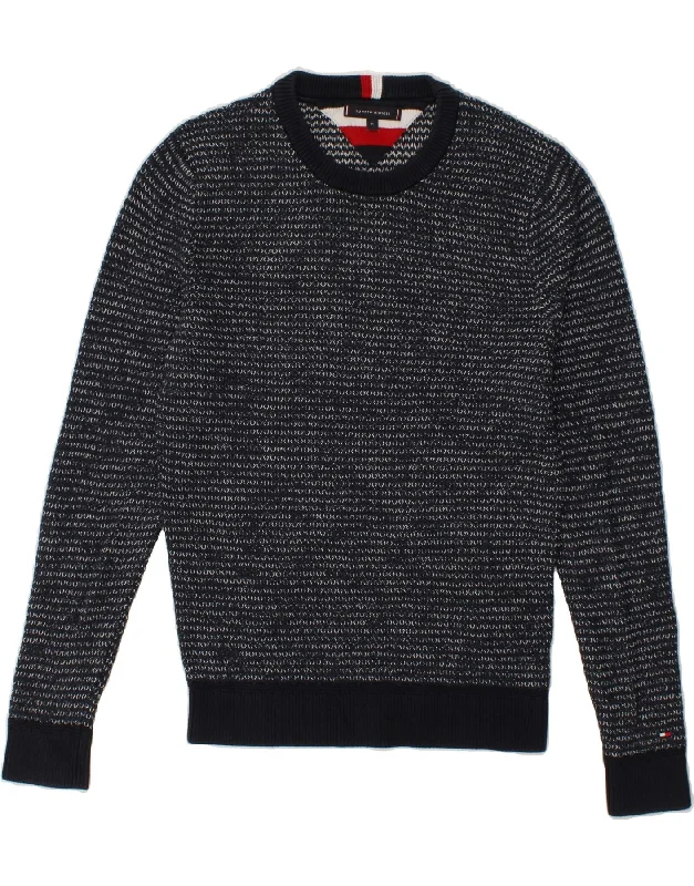 TOMMY HILFIGER Mens Crew Neck Jumper Sweater Medium Navy Blue Flecked Houndstooth Herringbone Solid