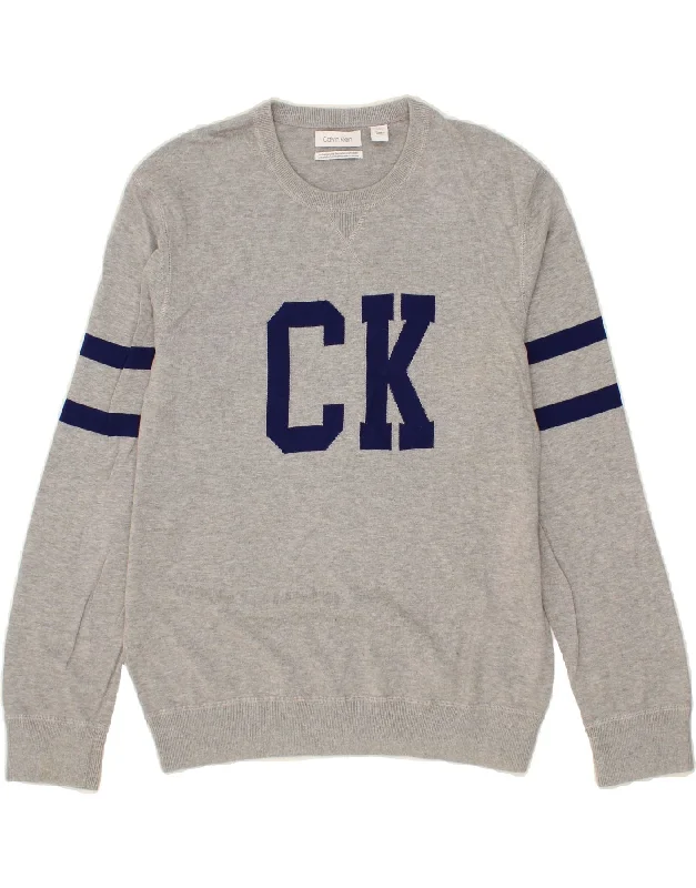 CALVIN KLEIN Mens Graphic Crew Neck Jumper Sweater Large Grey Cotton Modern Contemporary Chic