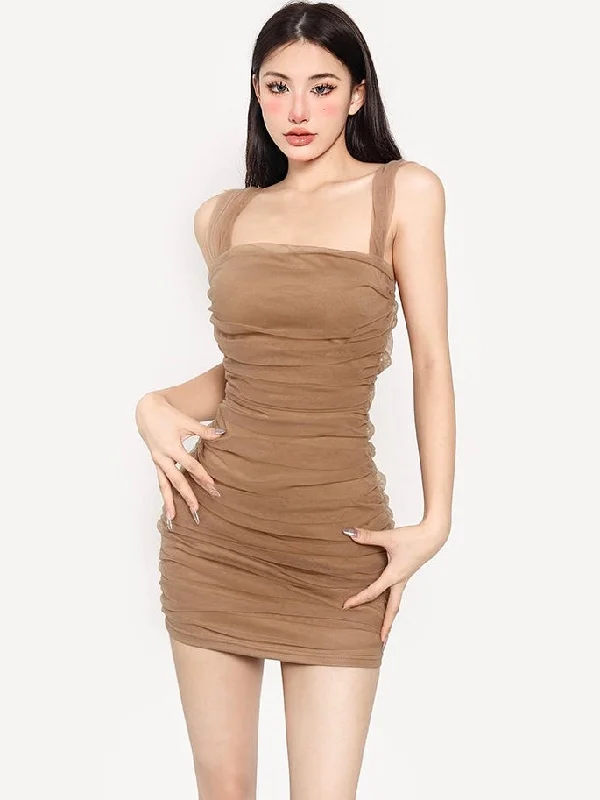 Violet Solid Color Khaki Square Neck Ruched Mesh Slim Mini Dress Elegant Lace Mini Dress