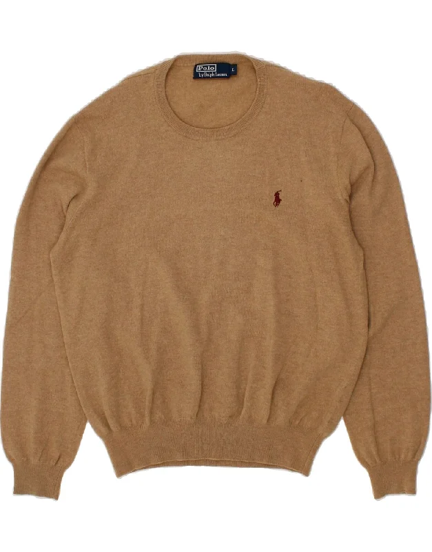 POLO RALPH LAUREN Mens Crew Neck Jumper Sweater Large Brown Merino Wool Boat Neck Shawl Collar Notched Collar