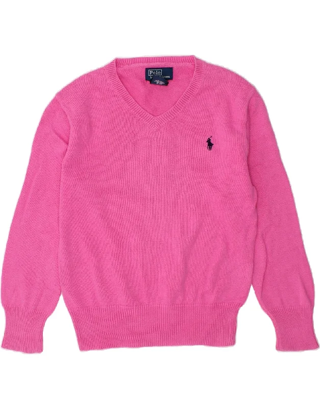 POLO RALPH LAUREN Girls V-Neck Jumper Sweater 4-5 Years Pink Cotton Jersey Fabric Tulle Fabric Batik Fabric