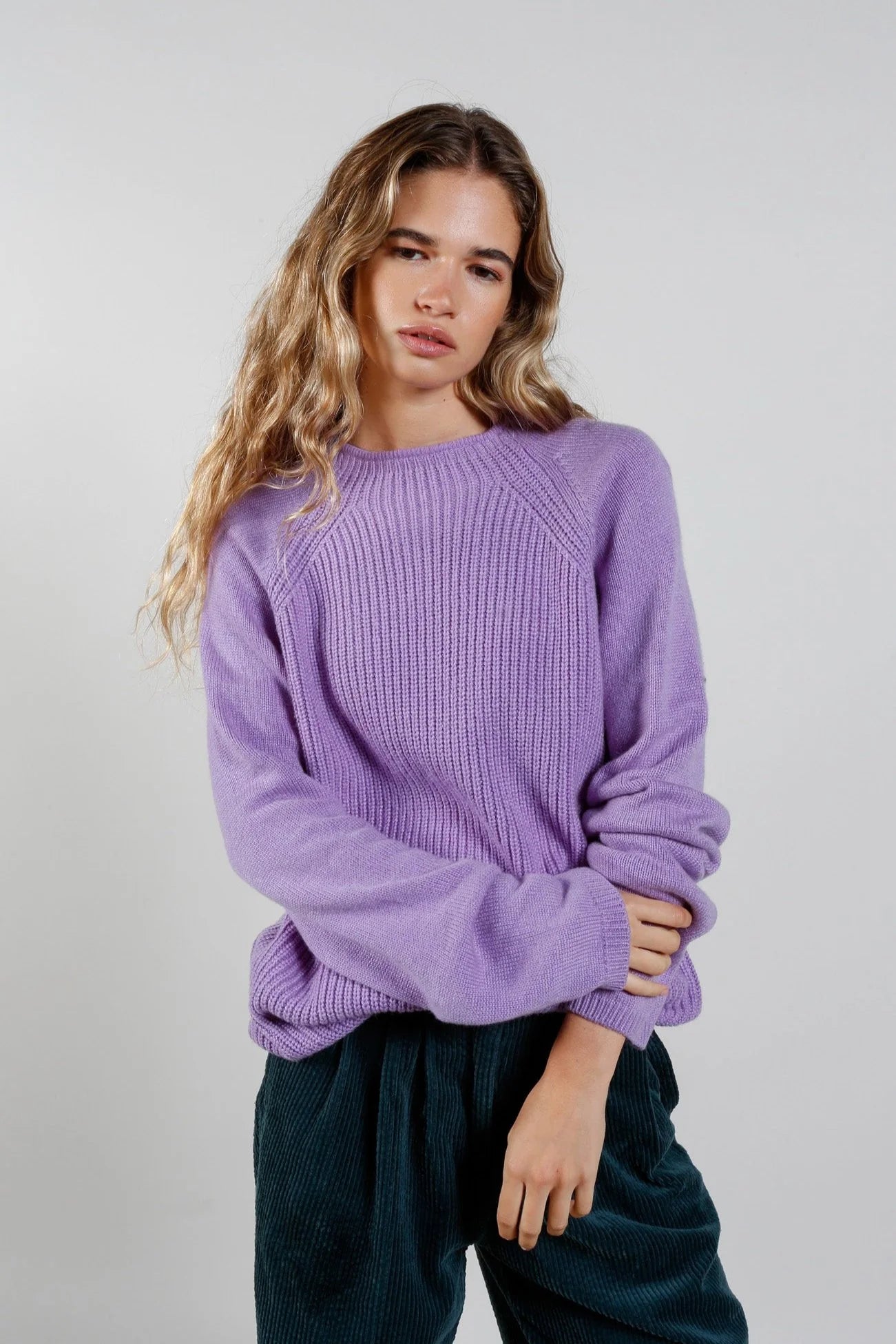 Katty Fine Merino Wool Jumper Lavender Notch Collar Peter Pan Collar Cowl Neck