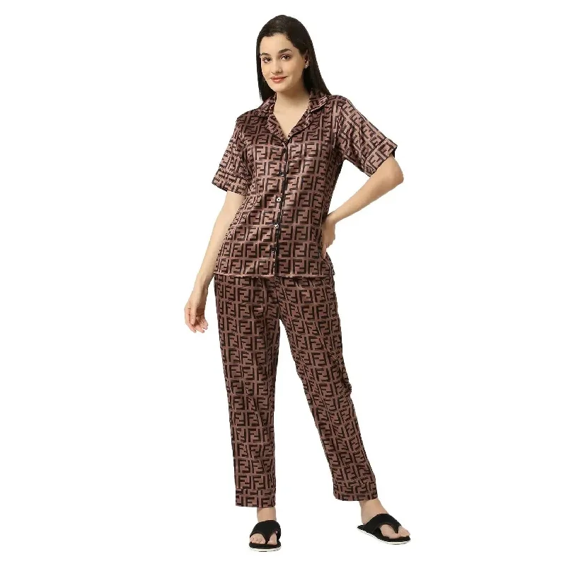 Smarty Pants Women's Silk Satin Chocolate Brown Color Aztec Printed Night Suit-SMNSP-882-S Fashionable Sporty Pants Smarty Pants Women's Silk Satin Chocolate Brown Color Aztec Printed Night Suit-SMNSP-882-S Fashionable Sporty Pants