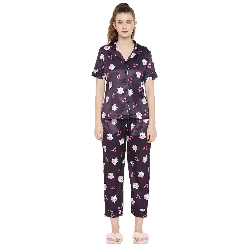 Smarty Pants Women's Silk Satin Wine Color Owl Print Night Suit High-Waist Jogger Pants Smarty Pants Women's Silk Satin Wine Color Owl Print Night Suit High-Waist Jogger Pants