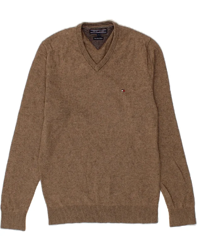 TOMMY HILFIGER Mens V-Neck Jumper Sweater Small Brown Cotton Welt Pockets Slit Pockets Flap Pockets