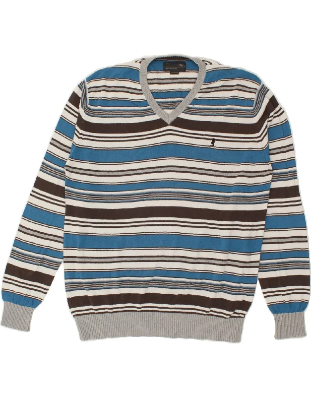 MARLBORO CLASSICS Mens V-Neck Jumper Sweater 2XL Multicoloured Striped Terry Terry Cloth Terry Knit