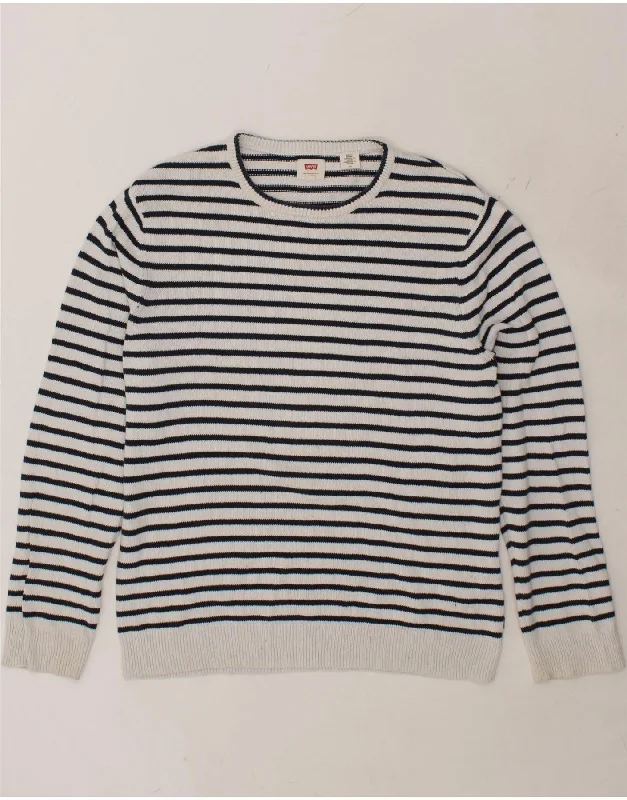 LEVI'S Mens Crew Neck Jumper Sweater Large White Striped Cotton Satin Blend Silk Blend Wool Blend