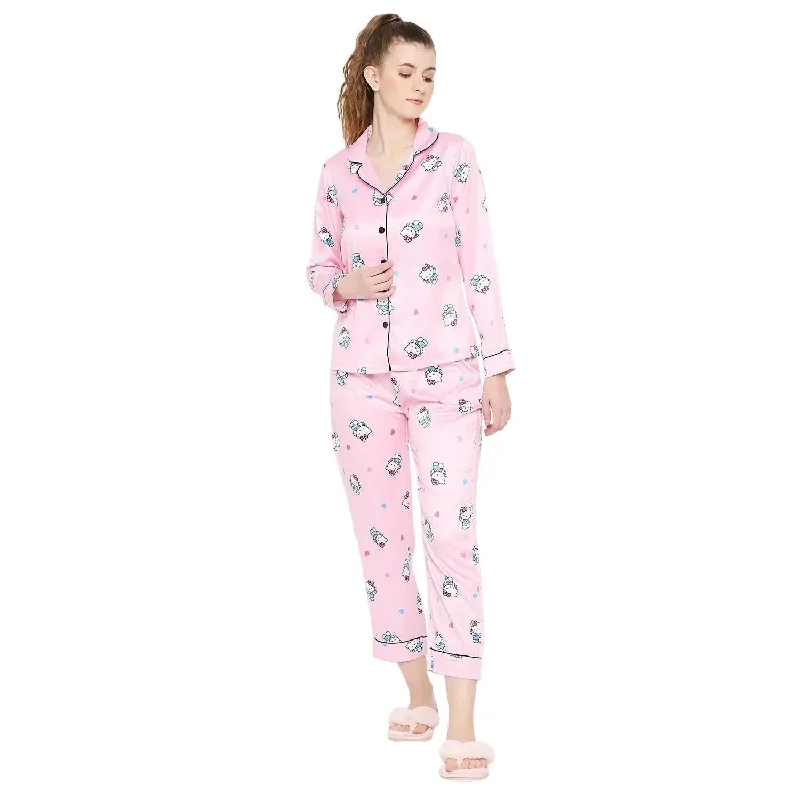 Smarty Pants Women's Silk Satin Pastel Pink Color Hello Kitty Print Full Sleeves Night Suit Elegant Dress Pants Smarty Pants Women's Silk Satin Pastel Pink Color Hello Kitty Print Full Sleeves Night Suit Elegant Dress Pants