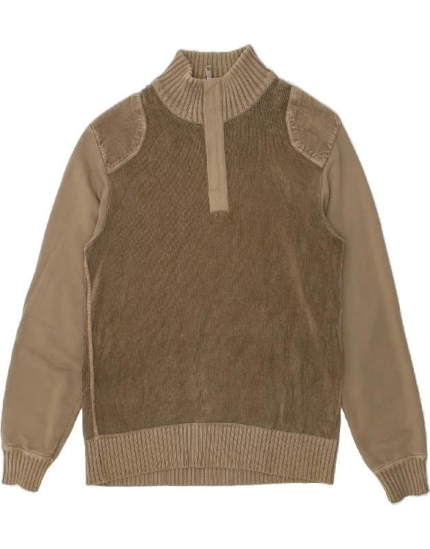 MARLBORO CLASSICS Mens Zip Neck Jumper Sweater Medium Khaki Cotton Toggled Drawstring Belted