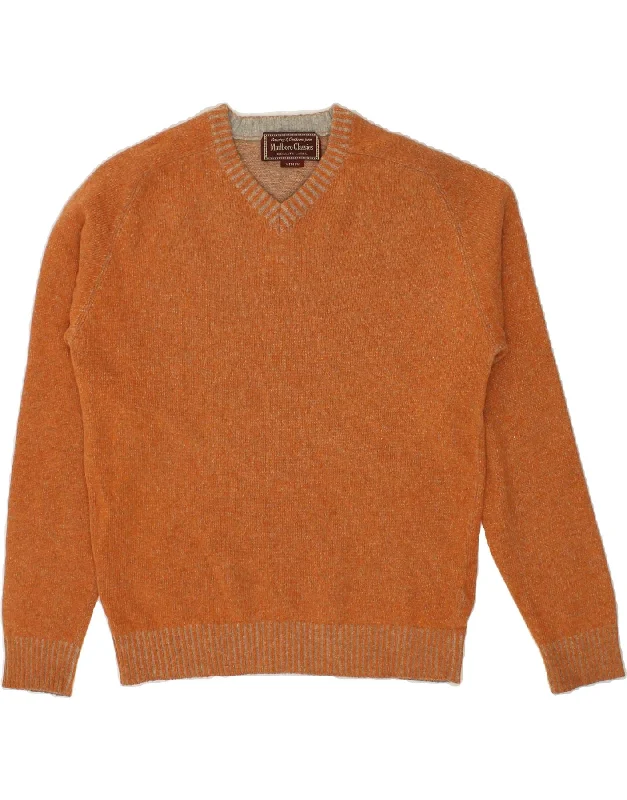 MARLBORO CLASSICS Mens V-Neck Jumper Sweater Medium Orange Wool Mesh Blend Leather Blend Suede Blend