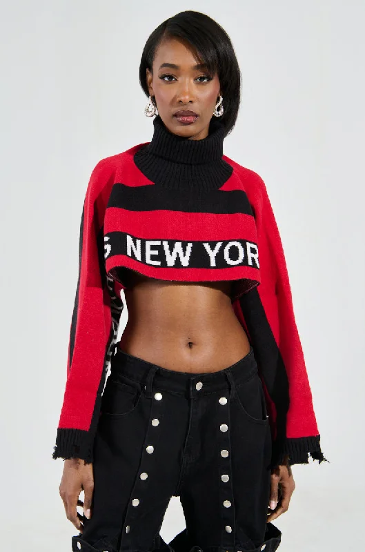 NEW YORK ULTRA CROP SWEATER IN RED MULTI Jersey Fabric Tulle Fabric Batik Fabric