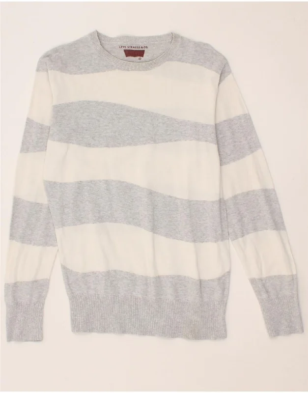 LEVI'S Mens Boat Neck Jumper Sweater UK 14 Medium Grey Striped Cotton Anti-Pilling Anti-Shrink Durable