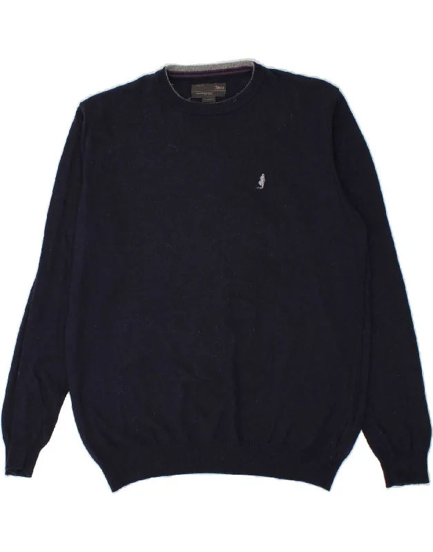 MARLBORO CLASSICS Mens Crew Neck Jumper Sweater XL Navy Blue Viscose Fleece Sweater Nylon Polyester