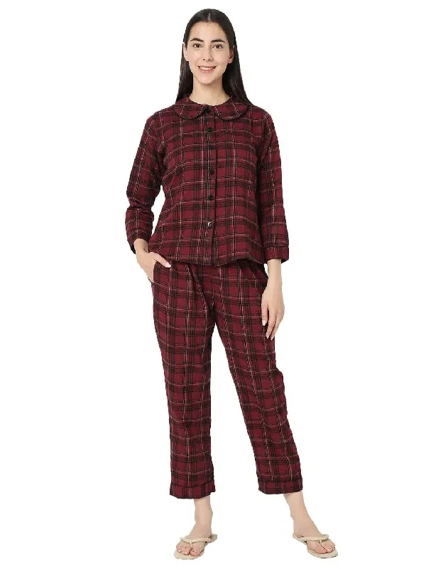 Smarty Pants Women's Brush Cotton Maroon Color Checks Night Suit Stylish Paperbag Waist Pants Smarty Pants Women's Brush Cotton Maroon Color Checks Night Suit Stylish Paperbag Waist Pants