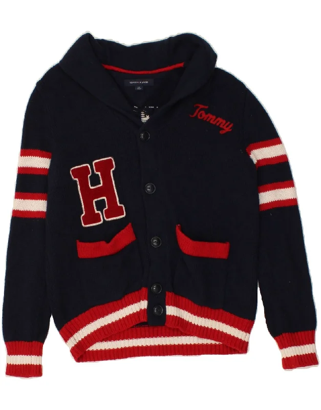 TOMMY HILFIGER Mens Graphic Cardigan Sweater Small Navy Blue Stretchy Elastic Breathable