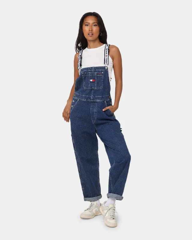 Tommy Jeans Women's Logo Strap Denim Dungaree Denim Dark Comfortable Distressed Straight-Leg Jeans