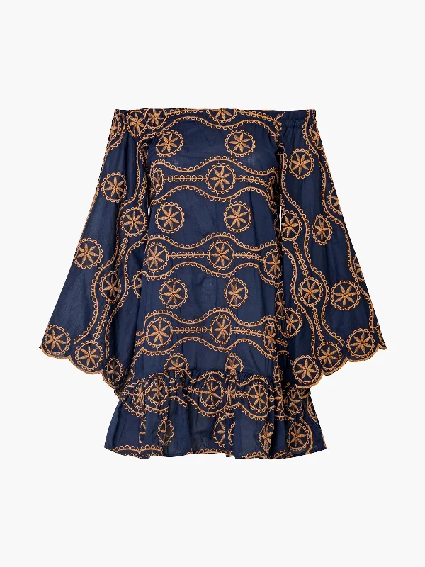 Mexico Lindo Cotton Embroidered Mini Dress | Dark Blue Elegant Velvet Mini Dress