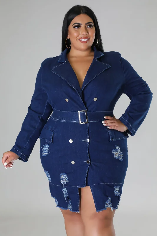 26488XP - DENIM LS W/BELT MINI DRESS (PLUS) Elegant Satin Lace Mini Dress