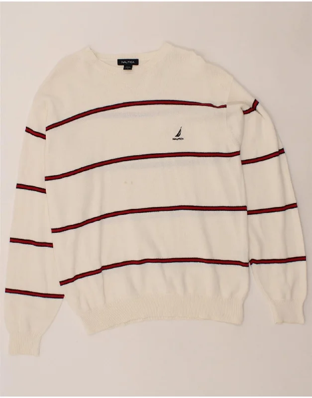 NAUTICA Mens Crew Neck Jumper Sweater Large White Striped Cotton Stylish Fashionable Trendy