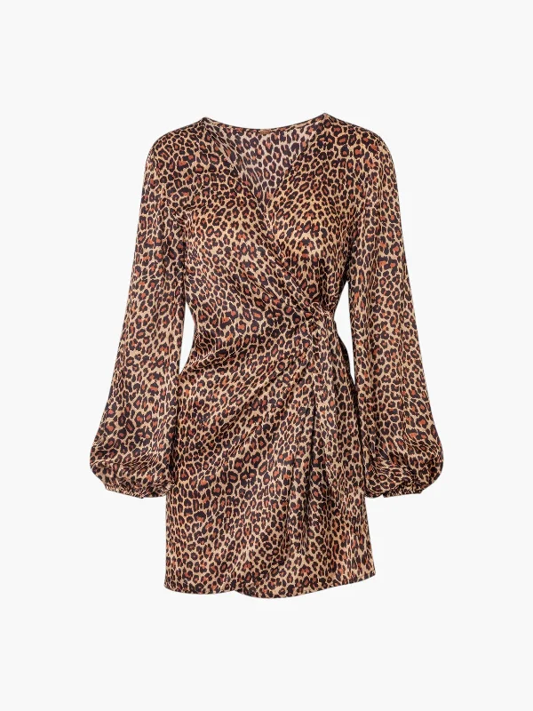 Hojarasca Silk Satin Mini Dress | Jaguar Print Trendy Button-Detail Mini Dress