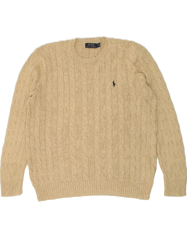 POLO RALPH LAUREN Mens Crew Neck Jumper Sweater Large Beige Cotton Mesh Blend Leather Blend Suede Blend