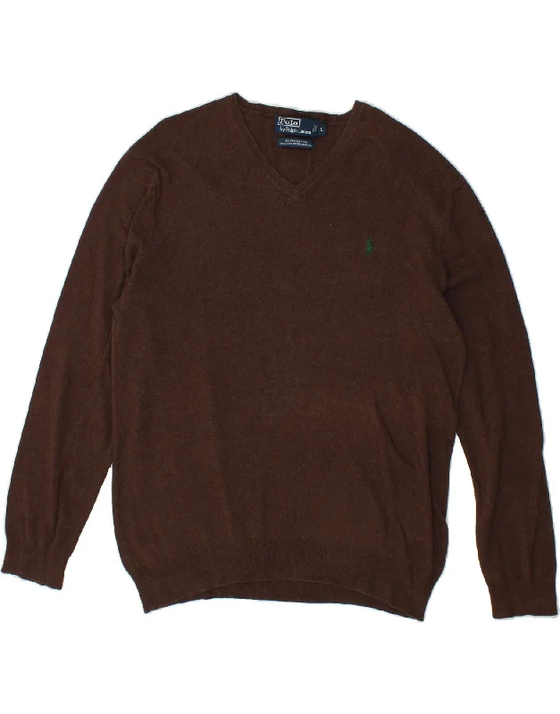 POLO RALPH LAUREN Mens V-Neck Jumper Sweater Large Brown Cotton Welt Pockets Slit Pockets Flap Pockets