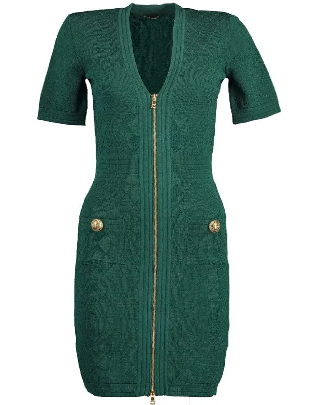 Green V-Neck Diamond Knit Zip Mini Dress Elegant Mini Dress with Ruffles