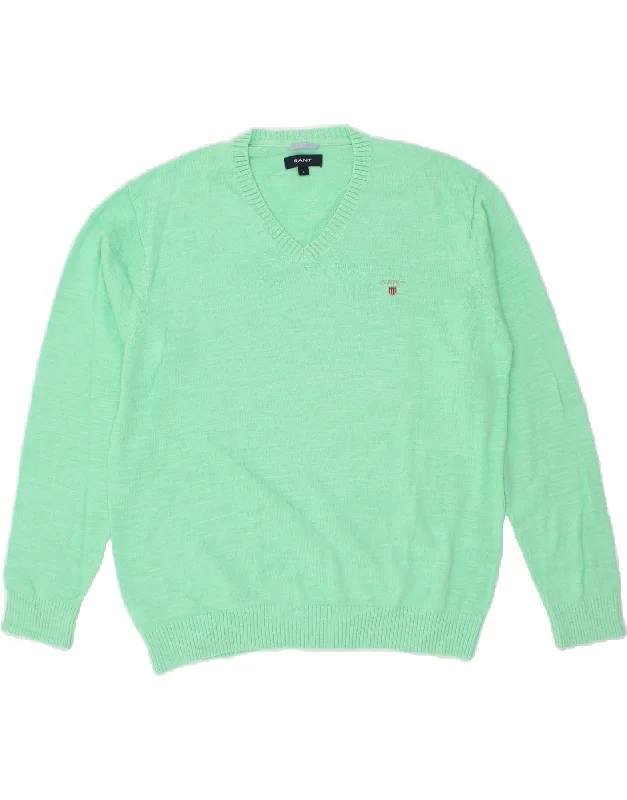 GANT Mens V-Neck Jumper Sweater Large Green Cotton Denim Fabric Leather Fabric Suede Fabric