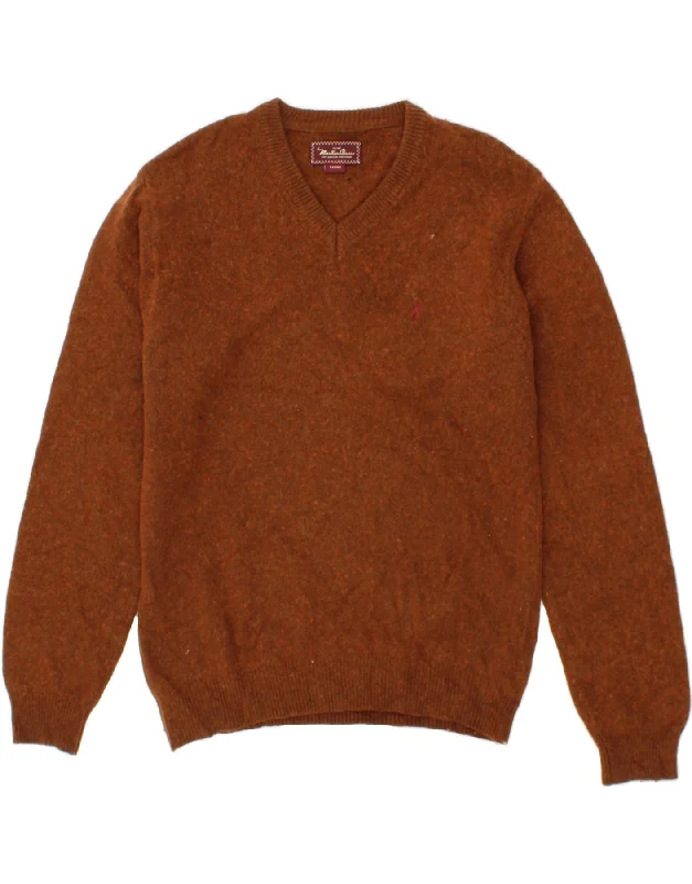 MARLBORO CLASSICS Mens V-Neck Jumper Sweater Large Brown Wool Zippered Buttoned Snapped