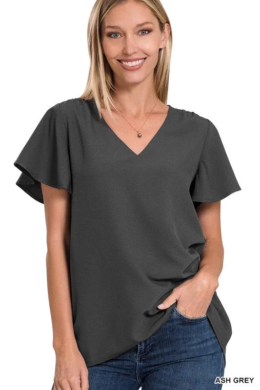 Airflow Flutter Sleeve Blouse - Ash Grey Semi-Sheer Blouse