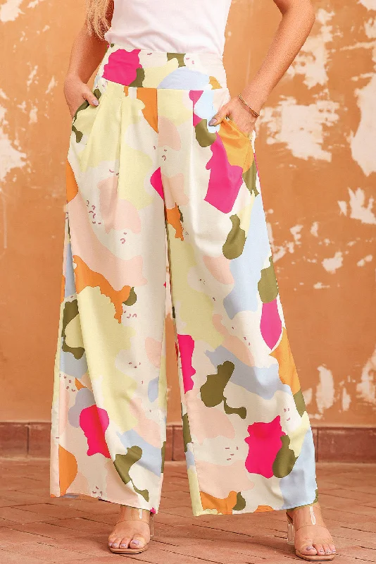 Multicolor Color Palette Print Flowy Wide Leg Pants Casual Sweatpants Style