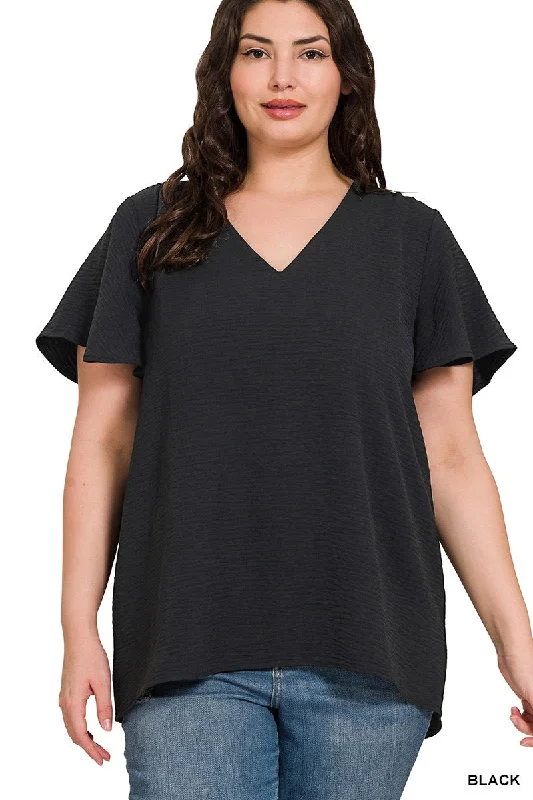 Airflow Flutter Sleeve Blouse - Black Textured Cotton Blouse