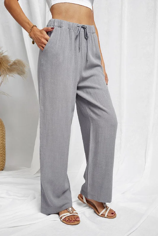 Gray High Waist Drawstring Wide Legs Casual Pants Slim Fit Casual Pants